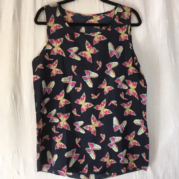 Tops - Sleeveless Butterfly Navy Multicolor‎ Blouse